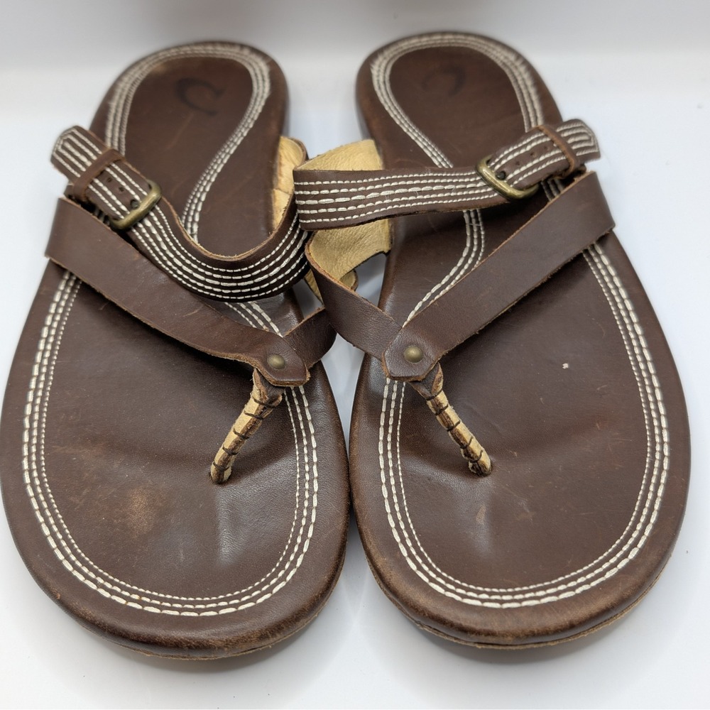Olukai Ohana Leather Flip Flops Brown Thong Sandals Buckle Strap Size 10